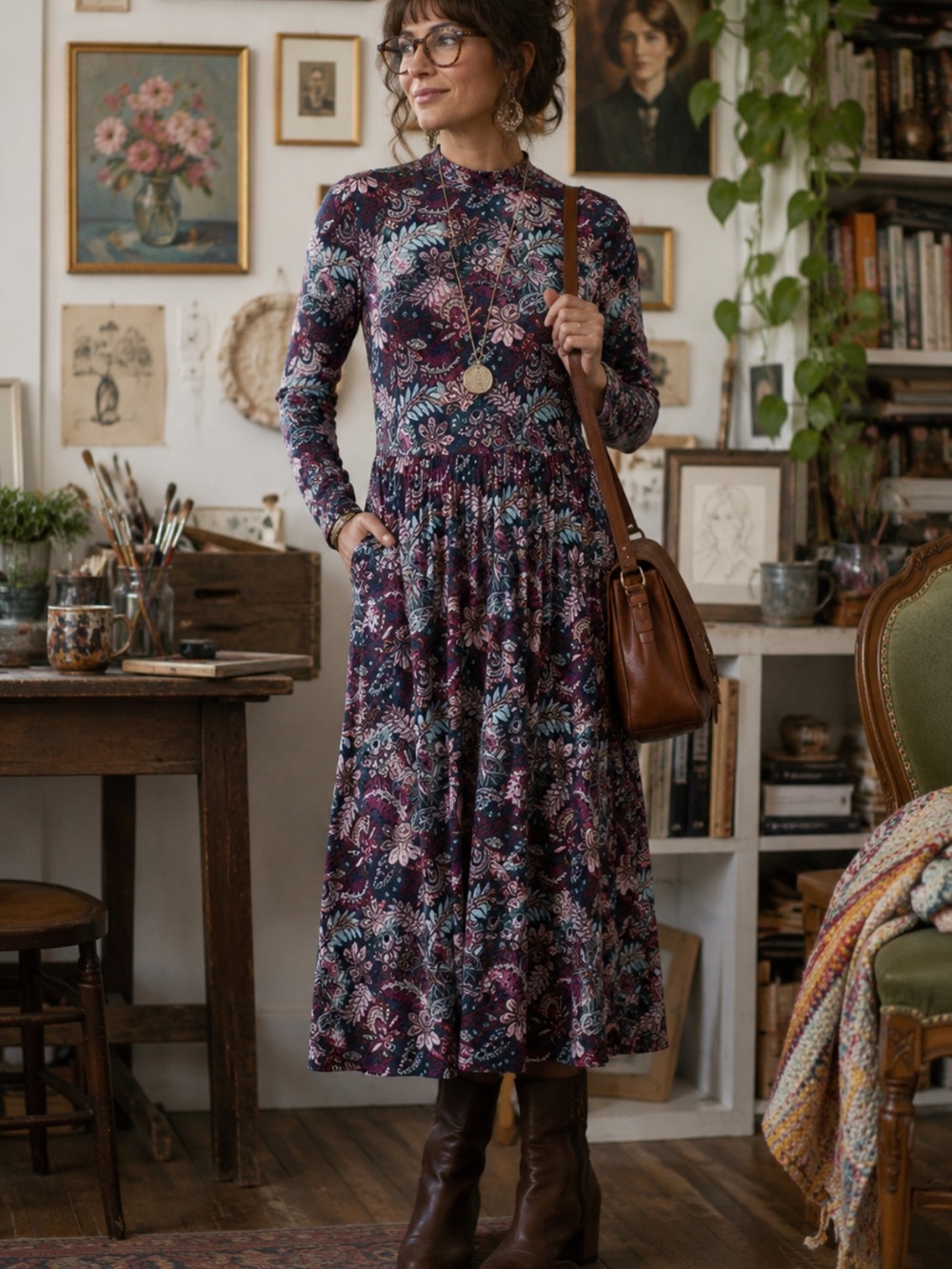 LOFT Tall Paisley Jersey Mock Neck Midi Dress